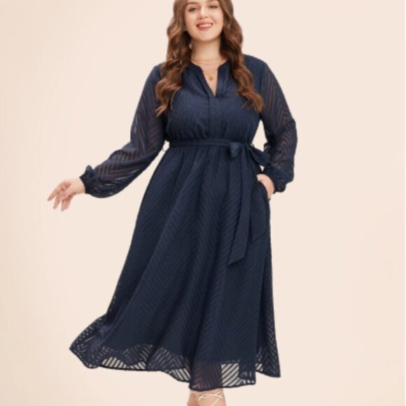 BloomChic Plus Size 2XL Solid Geometric Pocket Mesh Lantern Sleeve Belt Dress - Picture 3 of 7